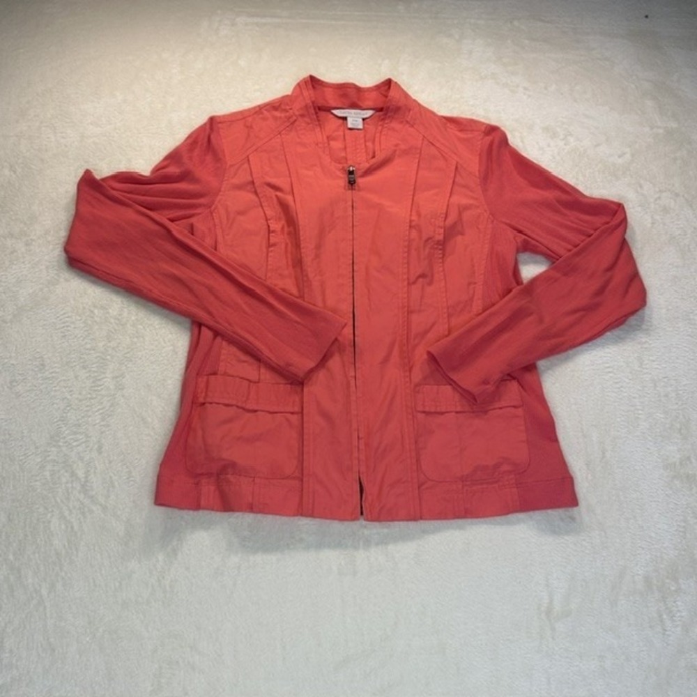 Laura Ashley Coral Pink Zip Up Jacket‎ Ribbed Knit Sleeve Petite Medium PM